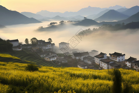 小野花房屋旁的大片油菜花设计图片