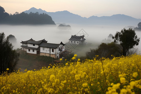 山脉与村庄云雾缭绕的村庄景色设计图片