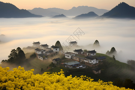 龟背竹和小野花美丽的村庄景色设计图片