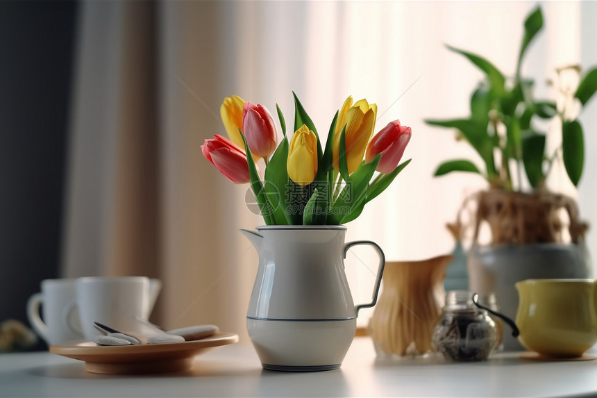 桌子上花瓶中的花束图片