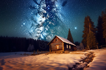冬天的夜雪地中的小屋设计图片