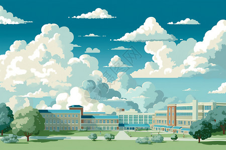 学校建筑景观大学校园里的生活插画