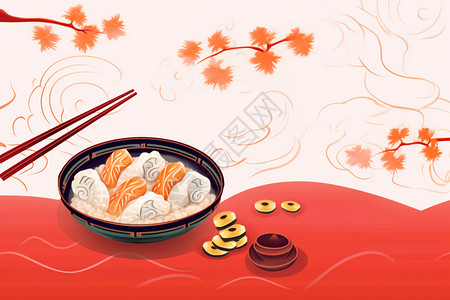 红色碗筷一双筷子和碗插画