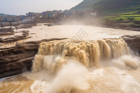 黄河大鲤鱼壮观的大瀑布向下流动背景