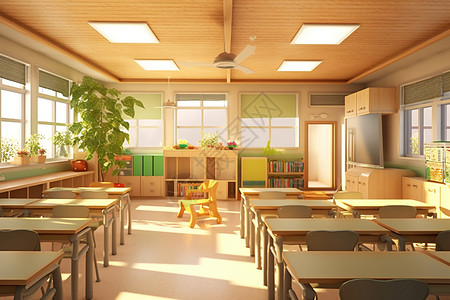 室内植物自然光线充足的教室插画