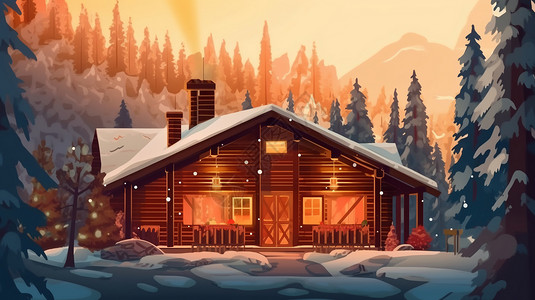 冬季山区冬天加热的木屋插画