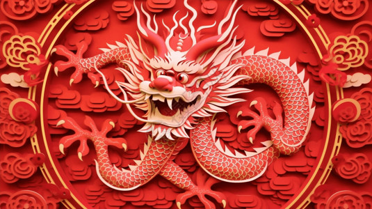 中国风红色喜庆龙年中国龙剪纸设计图片