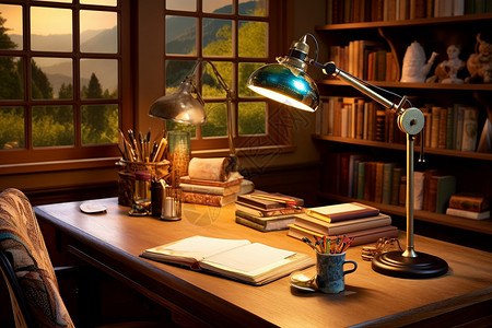 书桌灯光充实的书架背景