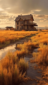 草原小溪草原上的房屋设计图片