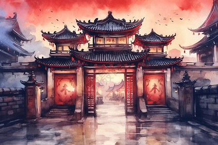 中国风建筑大门中国传统大门插画