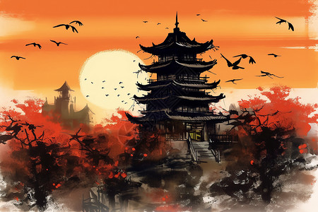 日落时的中国塔背景图片