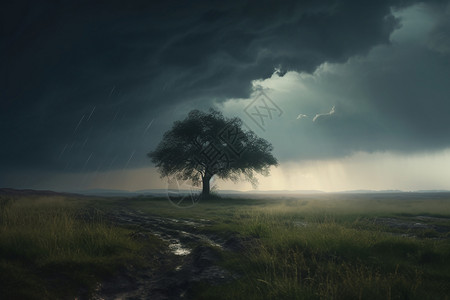 暴风雨乌云闪电下的一棵树设计图片