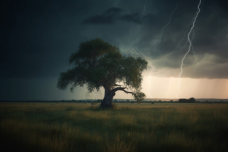 走在草原中一棵闪电独立的树在远处的暴风雨中屹立不倒，附近有。(风景，暴风雨，逼真的照明)，4k设计图片