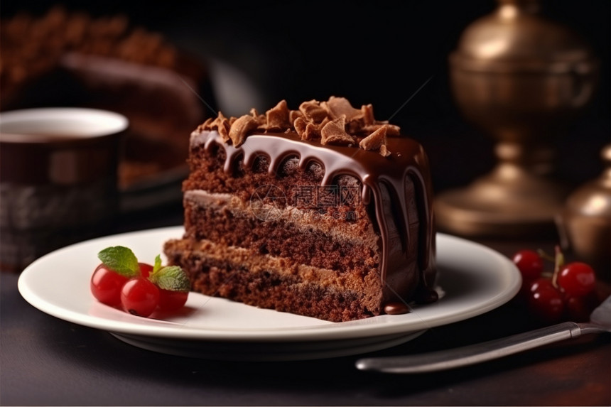 餐盘上的巧克力蛋糕图片