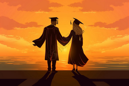 毕业时分日落时分的毕业生情侣的背影插画