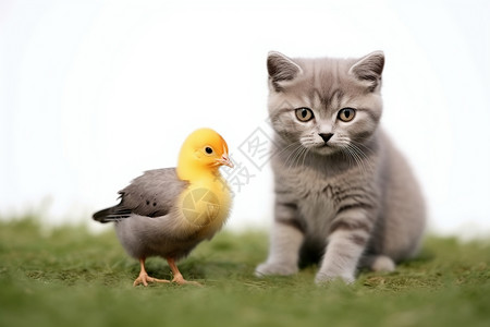 小猫与鸭子草地上的小猫幼崽和小鸭子背景