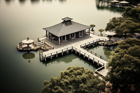 湖畔凉亭背景图片