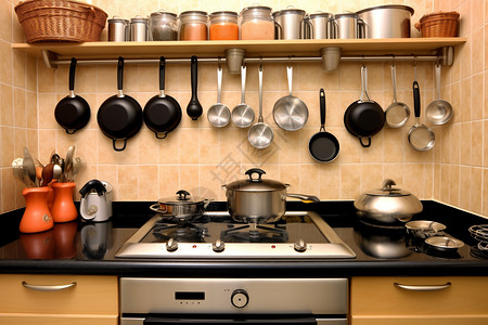 专业厨房家居厨房的烹饪用具设计图片