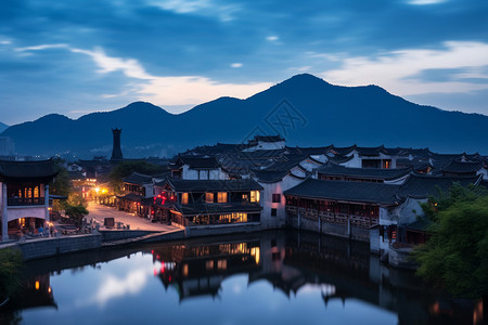 乡镇夜景美丽的古建筑乡镇背景