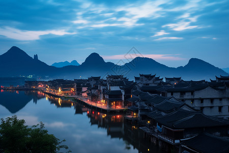 乡镇夜景傍晚时分的古建筑乡镇背景