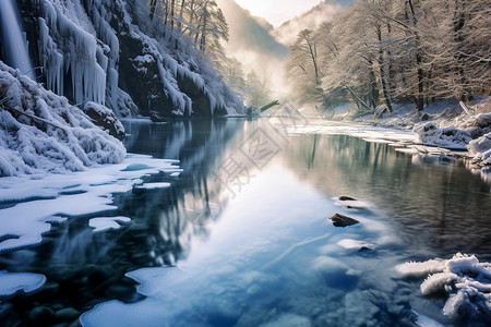 冬天川西湖泊瀑布的自然美景图片