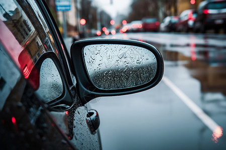 下雨天的汽车后车镜高清图片