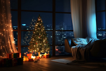 窗户圣诞室内家居的圣诞树装扮设计图片