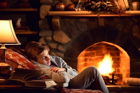 壁炉旁睡觉的男孩图片