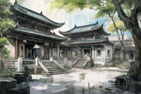 中国庭院的水墨画背景图片