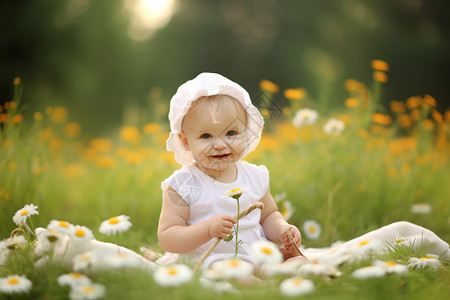 草地上的可爱女婴背景图片