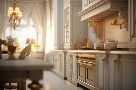 精致的餐桌华丽的欧式厨房效果图设计图片