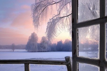 窗户外美丽的雾凇霜冻自然景观高清图片