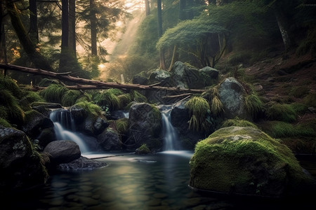 森林中的溪流自然景观图片