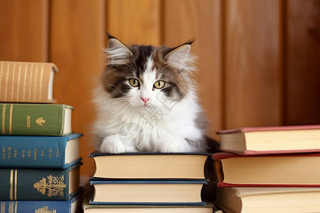 书堆里的小猫图片