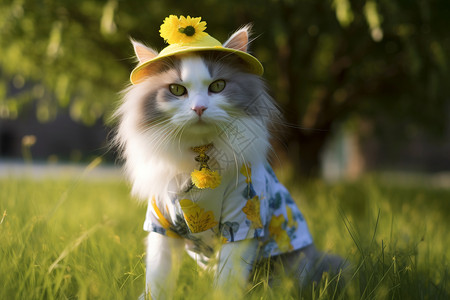 花草帽子草地上穿衣服的小猫背景