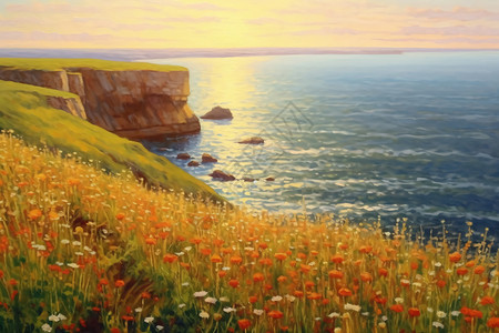 春天海岸线的艺术插图背景图片