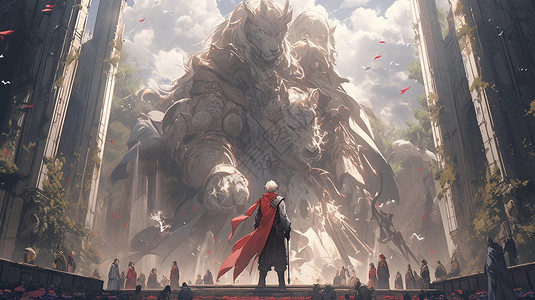 骑士雕像男人站在一个巨大的怪物前插画