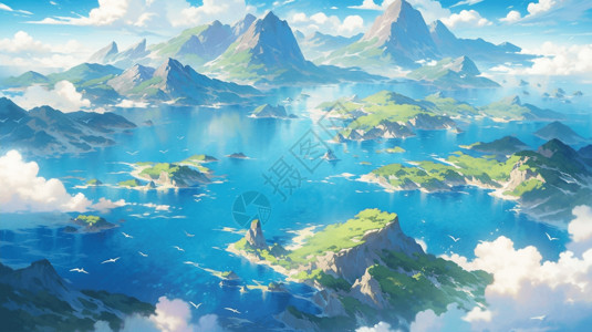 白云瀑布和青山美丽的自然风景插画