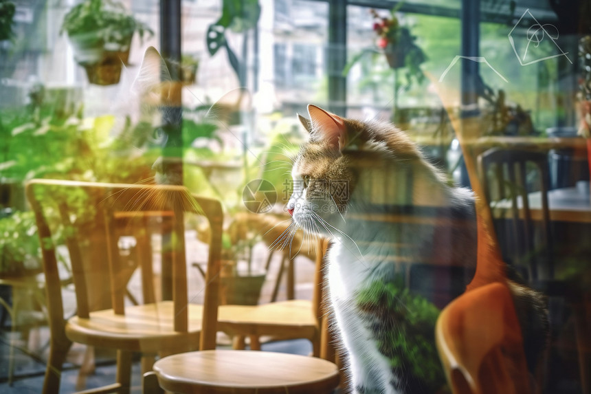 坐在咖啡厅的猫咪图片