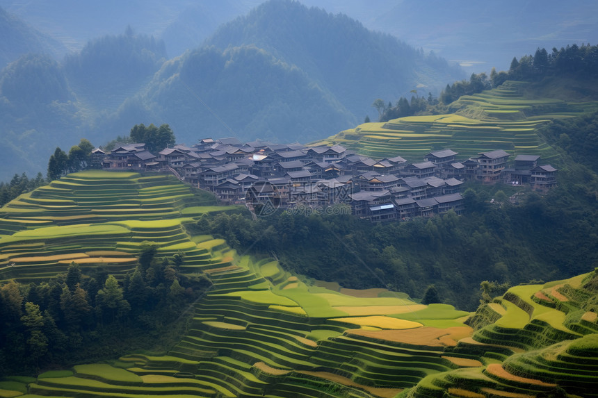 山脉的稻田和村庄图片