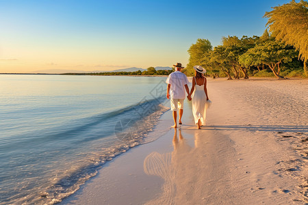 云彩素材网沙滩上散步的情侣背景