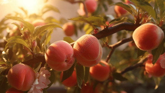 桃树太阳阳光下树上的桃子背景