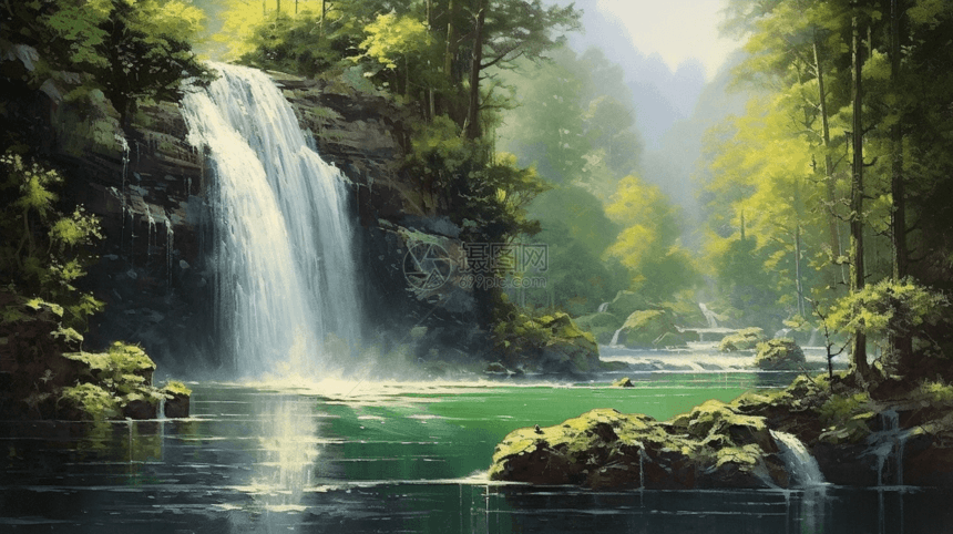 绿水青山瀑布插画图片下载-正版图片600250505-摄图网