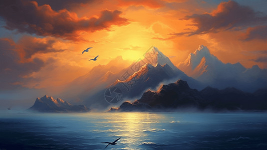 山海小鸟和日出背景图片