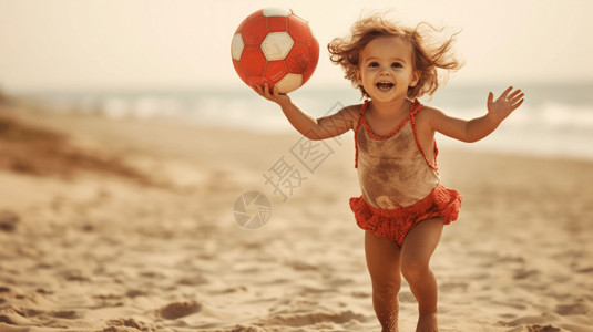 女孩在沙滩上玩球背景图片