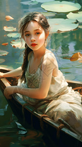 荷塘划船的小女孩背景图片