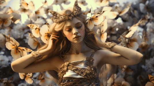 金色蝴蝶素材蝴蝶和空灵妆的模特背景