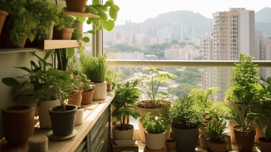 绿化阳台阳台种植的盆栽背景