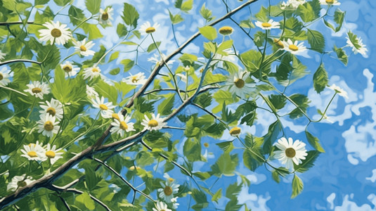 蓝蓝的天空雏菊绿色的枝叶背景图片