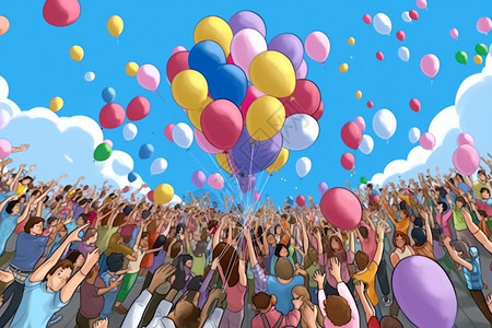 放飞的气球人们在放飞气球插画